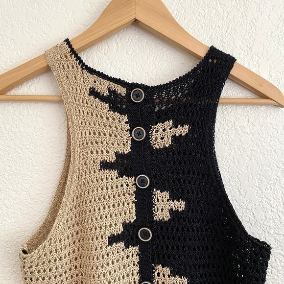 Lucky Brand Crochet Button-Back Tank Top Split Black Tan Boho Open Knit Medium - Picture 5 of 10